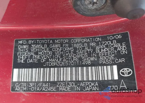 2007 Toyota Corolla Ce/Le/S из США, поврежденный, VIN JTDBR32E570111498